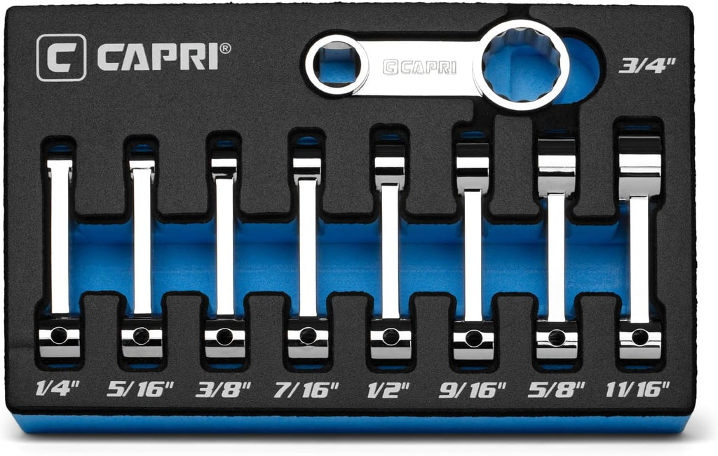 Ensemble d'adaptateurs de couple Capri Tools 3/8 po, douille à 12 pans, 1/4 à 3/4 po, SAE, 9 pièces doté de plateau de rangement.