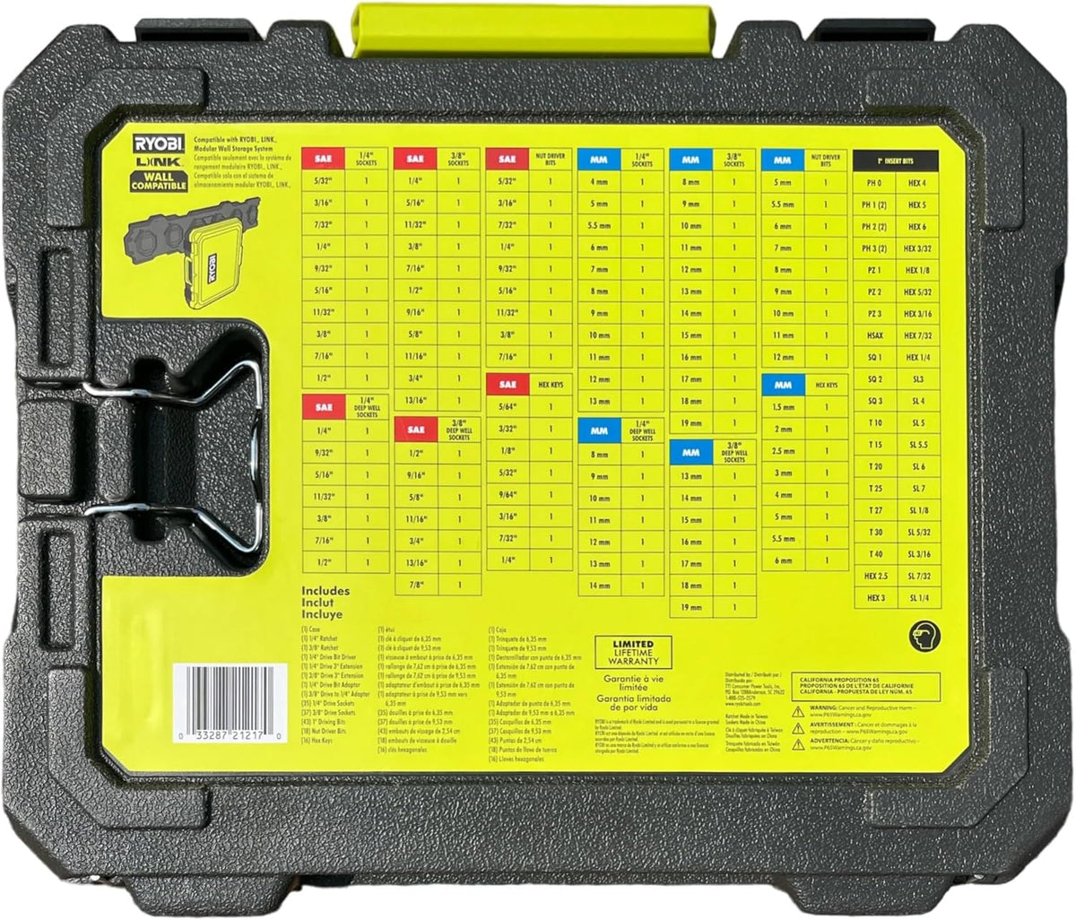 Ensemble de douilles RYOBI 156 pièces destiné à mécanicien, compatible SAE et métrique LINK