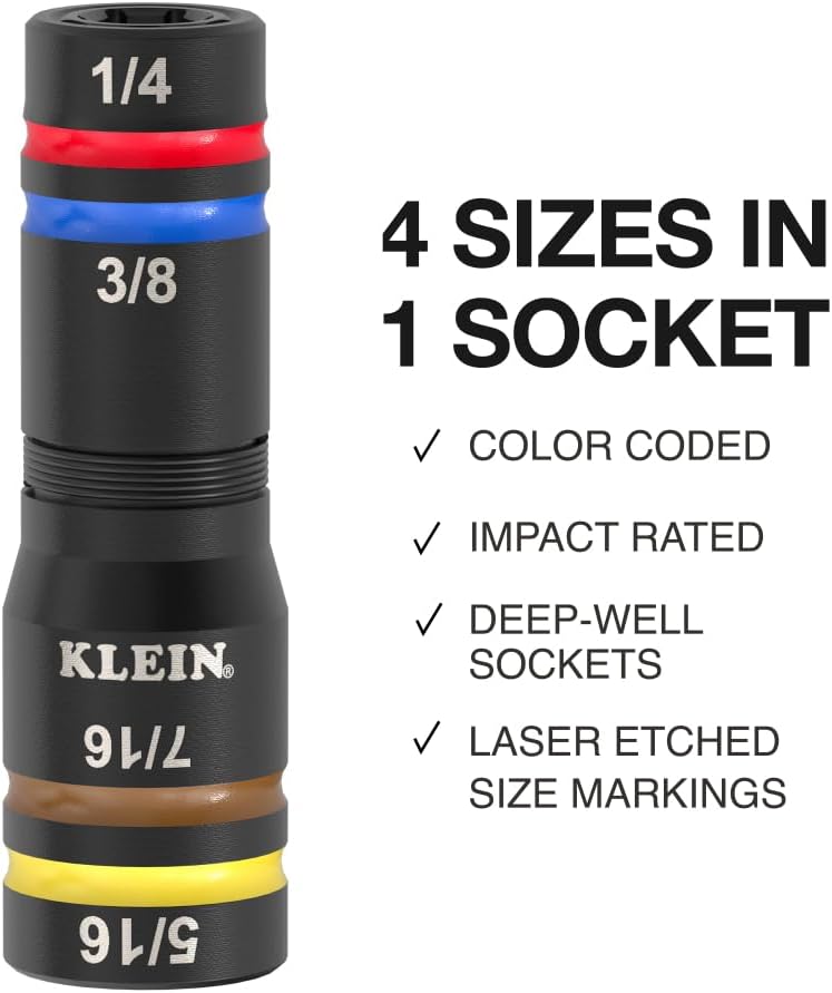 Ensemble de douilles Klein Tools 656QS KNECT Quad, 24 tailles réparties dans 6 douilles, 4 en 1, code couleur SAE et métrique, résistant aux chocs, à gorge profonde, robuste, entraînement 1/4" et 3/8", arbre de 3-1/2" et 6-1/2".