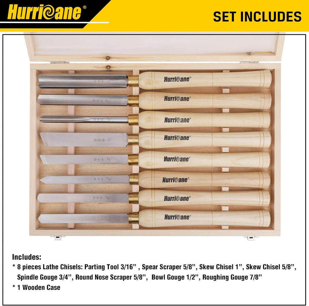 Ensemble de 8 ciseaux à bois HURRICANE destiné à tour à bois, équipements de tournage M2 HSS doté de 10 manches en bois massif, ensemble d'équipements destiné à débutants et bricoleurs, coffret de protection en bois inclus.