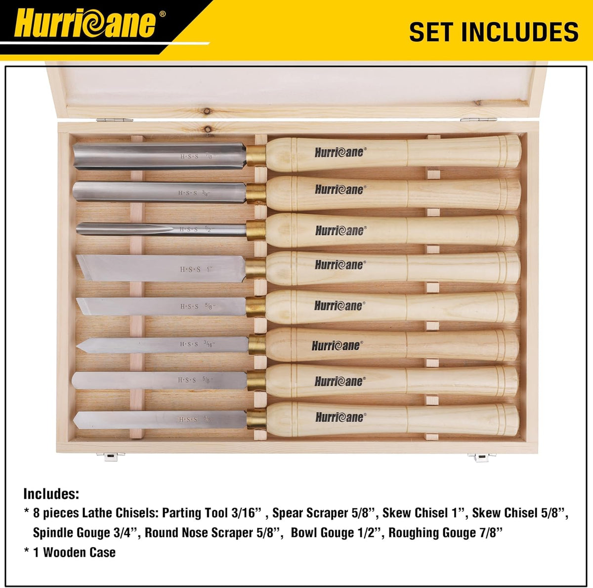Ensemble de 8 ciseaux à bois HURRICANE destiné à tour à bois, équipements de tournage M2 HSS doté de 10 manches en bois massif, ensemble d'équipements destiné à débutants et bricoleurs, coffret de protection en bois inclus.