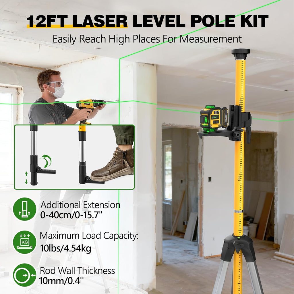 Niveau laser autonivelant Alloyman 4x360°, perche laser pour usage professionnel de 3,7 m (12 pi) doté de trépied, outil de niveau laser à ligne verte doté de 2 batteries Li-ion destiné à la pose de tableaux, de carrelage et la rénovation...
