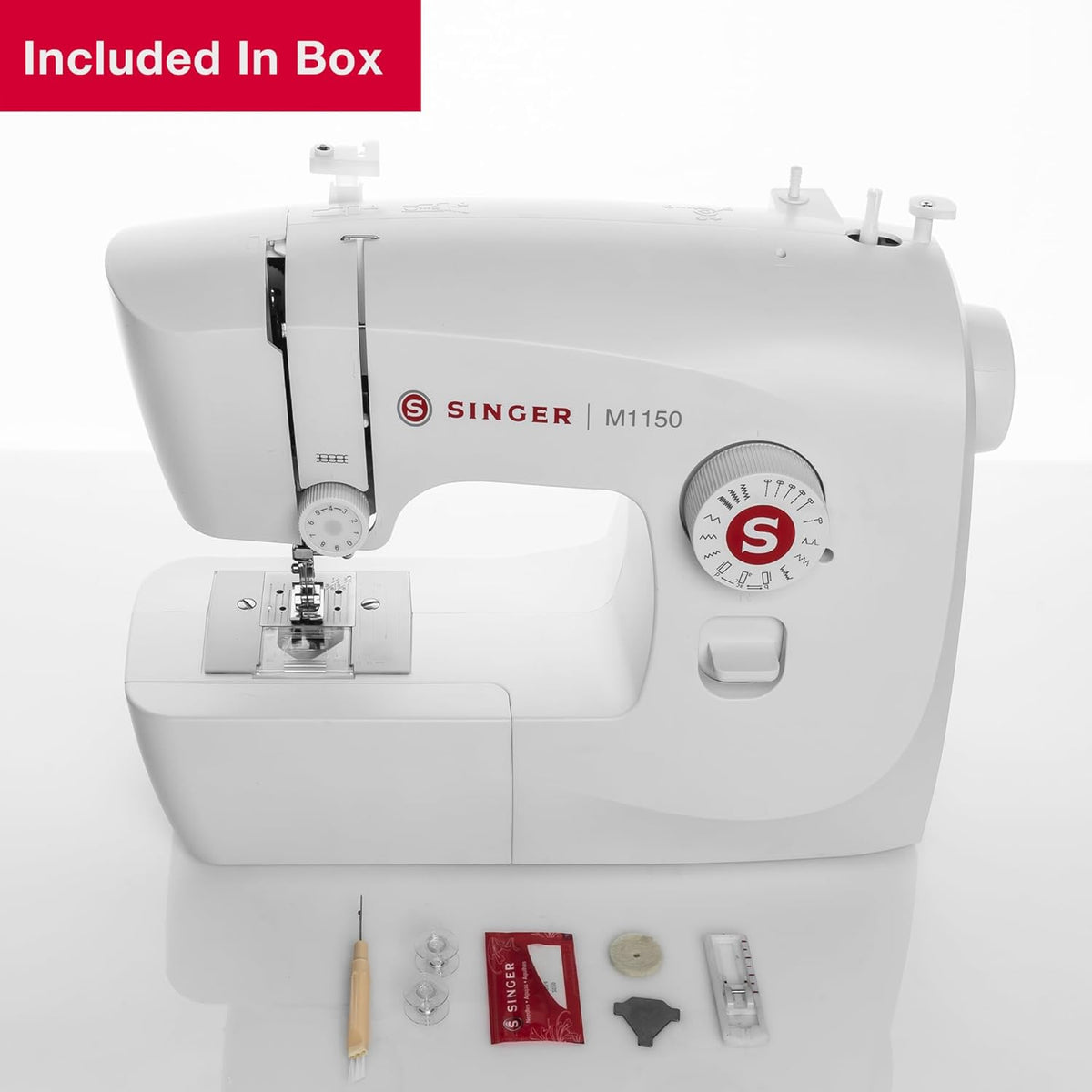 Machine à coudre portable SINGER® M1150 (blanche) doté de accessoires | 16 points intégrés offrant 45 applications de couture | Canette à chargement par le haut, boutonnière en 4 étapes, éclairage LED | Idéale destiné à les débutants