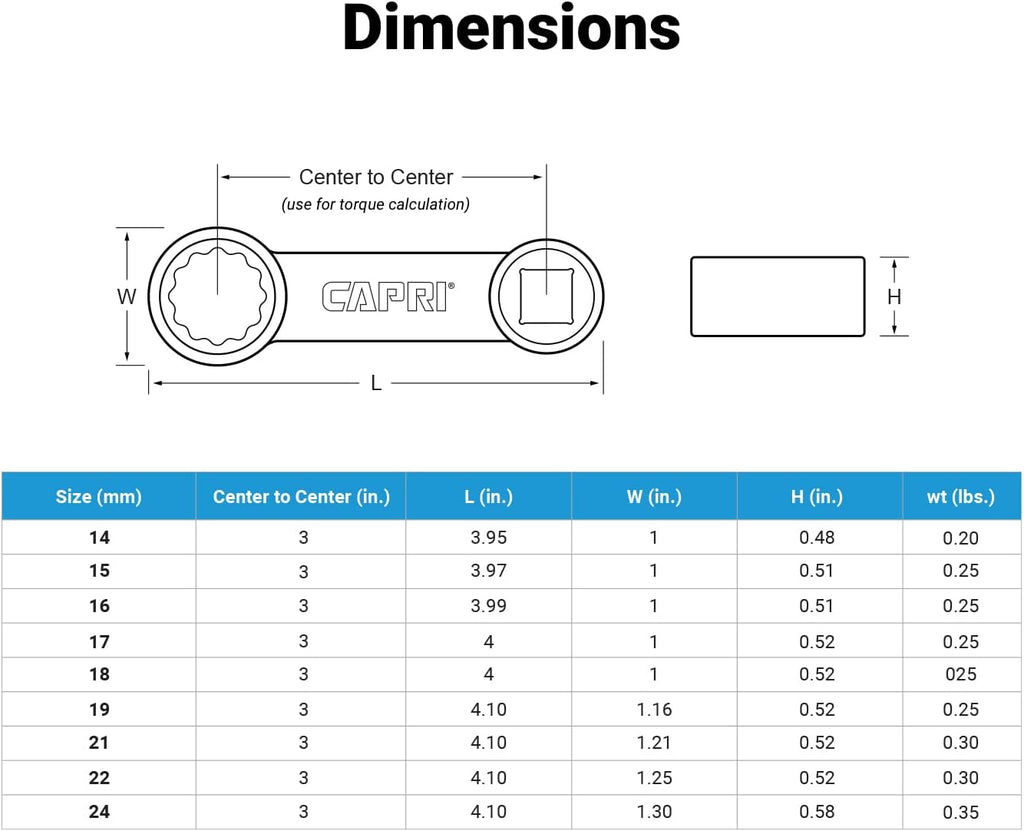 Jeu d'adaptateurs de couple Capri Tools 1/2 po, douille à 12 pans, 14 à 24 mm, métrique, 9 pièces doté de plateau de rangement