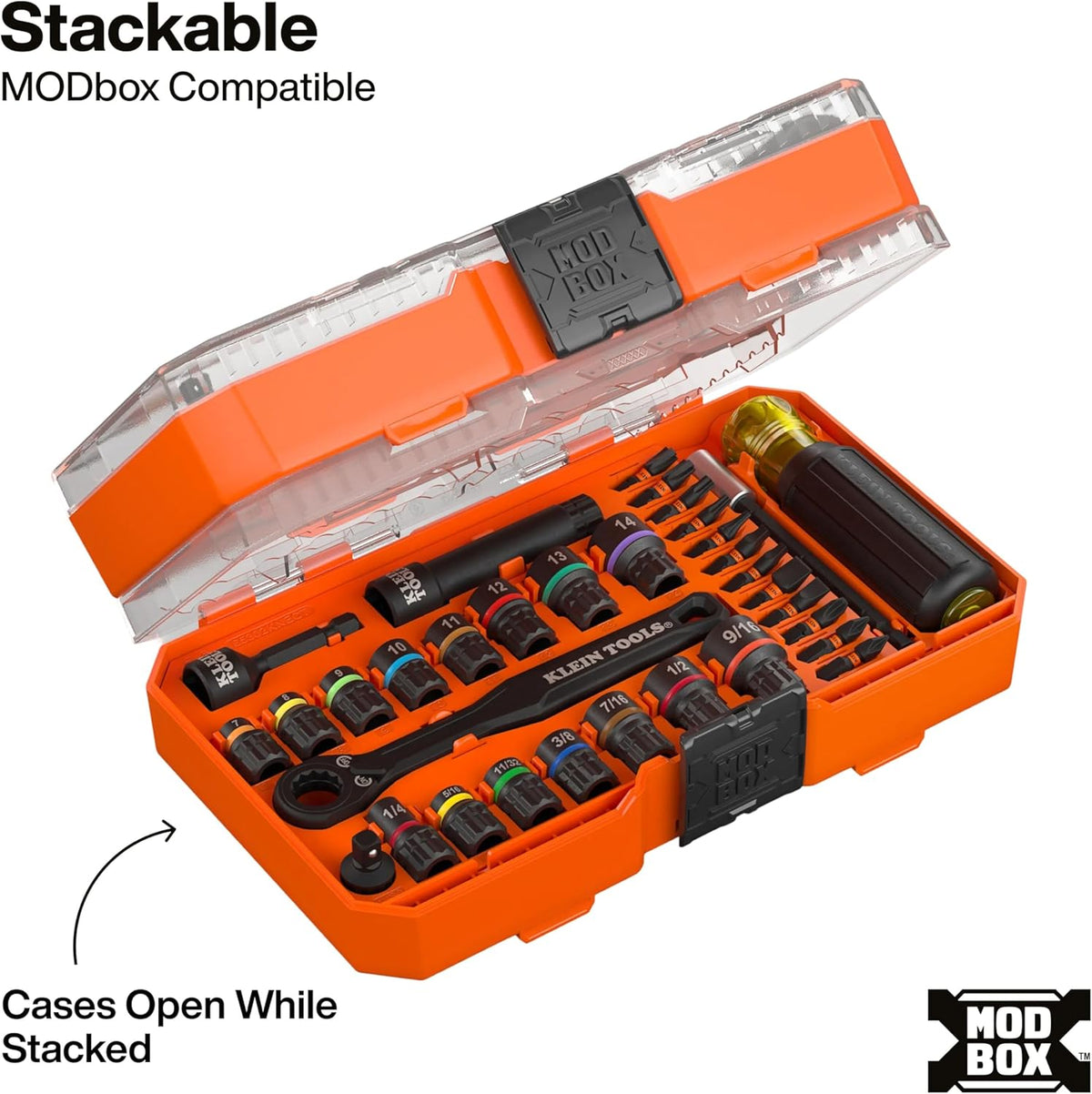 Ensemble de douilles à impact Klein Tools 65302KNECT, KNECT (S) Ensemble de 33 douilles traversantes SAE et métriques, adaptateur destiné à visseuse à impact, boîte de rangement destiné à équipements MODbox