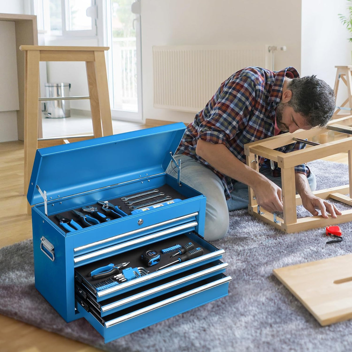 Coffre à outils portable Winado 24, coffre à outils à 5 tiroirs avec poignée de transport, compartiment supérieur, glissières à billes, coffre à outils métallique verrouillable pour garage, entrepôt, atelier de réparation et maison, bleu – Pratique
