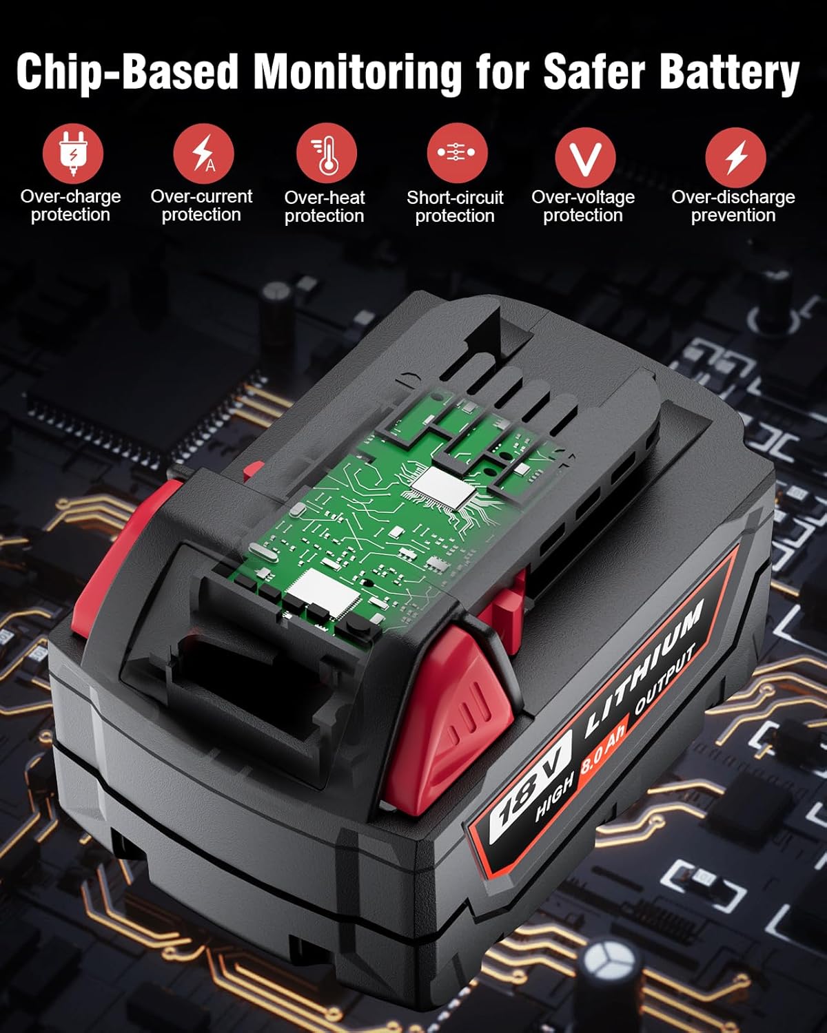 Lot de 4 batteries HOCHSTERN M-18 8,0 Ah, compatibles doté de les batteries Milwaukee 18 V 48-11-1862, 48-11-1852 et 48-11-1880. Compatibles doté de les équipements électroportatifs sans fil Milwaukee 18 volts.