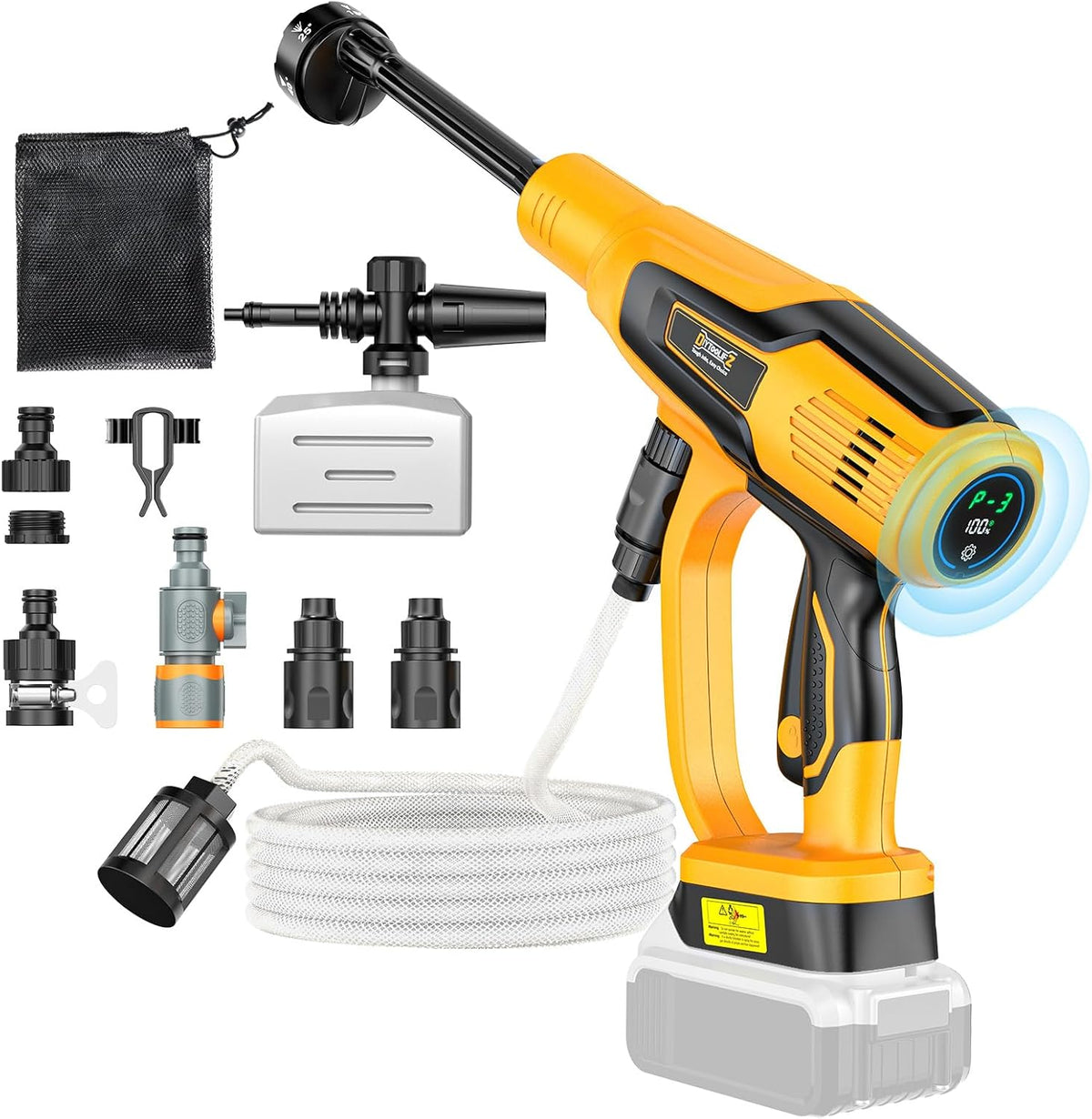 équipements de nettoyage destiné à voiture, 600 W, moteur sans balais, buse 6 en 1 et canon à mousse destiné à voiture, terrasse, clôture (jaune)