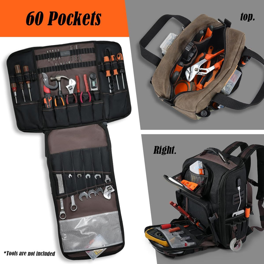 Ensemble sac à dos et trousse à équipements WELKINLAND à 60 poches destiné à électricien, sac à dos robuste destiné à CVC, sac à dos à équipements en toile cirée imperméable, sac à dos à équipements de mécanicien entièrement ouvert, sacs à dos...