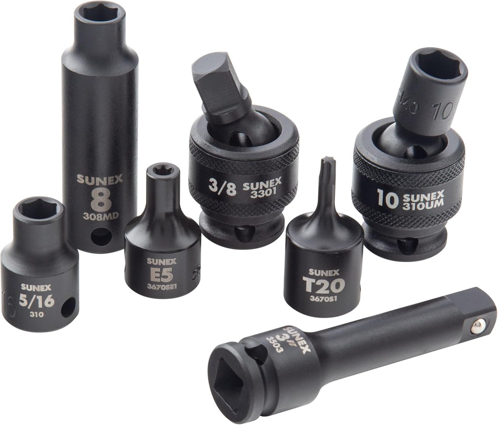 Ensemble de 80 douilles à impact SUNEX Tools, entraînement 3/8 po, universelles, étoile, étoile externe, rallonges, cardan, SAE et métriques, de 8 mm à 19 mm et de 5/16 po à 3/4 po, acier CR-MO, modèle 3580