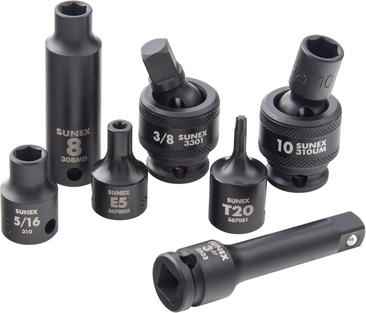 Ensemble de 80 douilles à impact SUNEX Tools, entraînement 3/8 po, universelles, étoile, étoile externe, rallonges, cardan, SAE et métriques, de 8 mm à 19 mm et de 5/16 po à 3/4 po, acier CR-MO, modèle 3580
