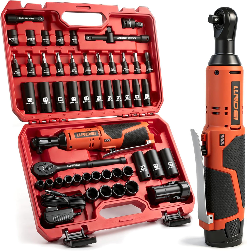 Clé à cliquet électrique sans fil LLNDEI doté de jeu de douilles, cliquet 3/8", couple de 54 Nm (40 pi-lb) à vitesse réglable, batterie lithium-ion 2000 mAh et chargeur inclus, 52 pièces