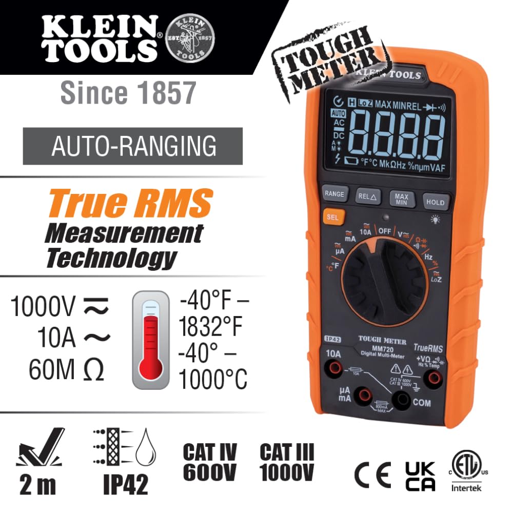Multimètre numérique Klein Tools MM720, sélection automatique pour la gamme, TRMS, faible impédance (LoZ), tension AC/DC 1000 V, courant AC/DC 10 A, résistance 60 MΩ