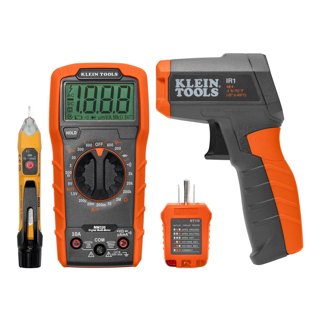 Ensemble de test électrique Klein Tools 80067 doté de thermomètre numérique infrarouge, multimètre, testeur de tension sans contact et testeur de prises, 4 pièces