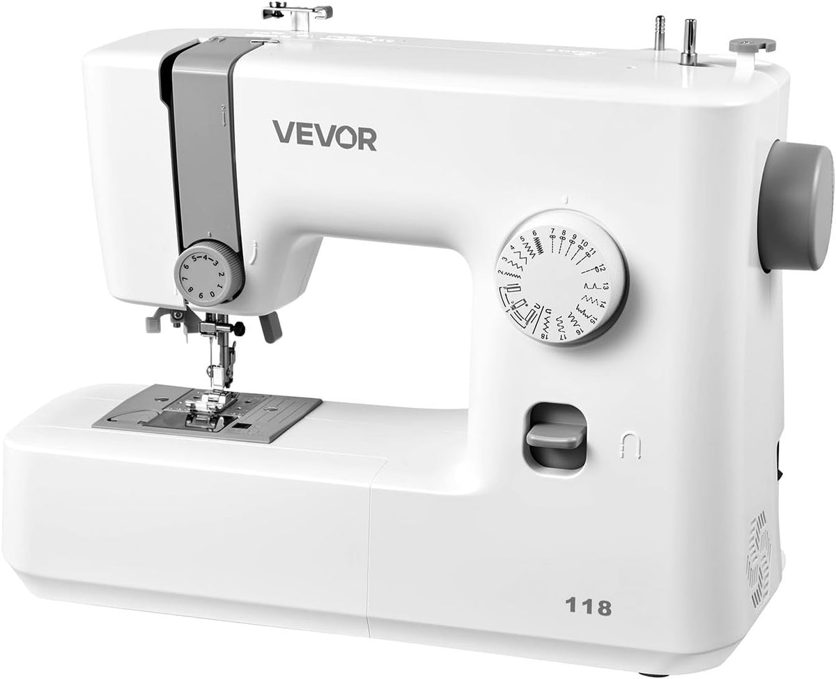 Machine à coudre VEVOR, 18 points de couture, doté de lumière LED et pédale, commande simple par molette, châssis interne en métal, machine à coudre légère et portable destiné à débutants, idéale destiné à les loisirs créatifs et les réparations.