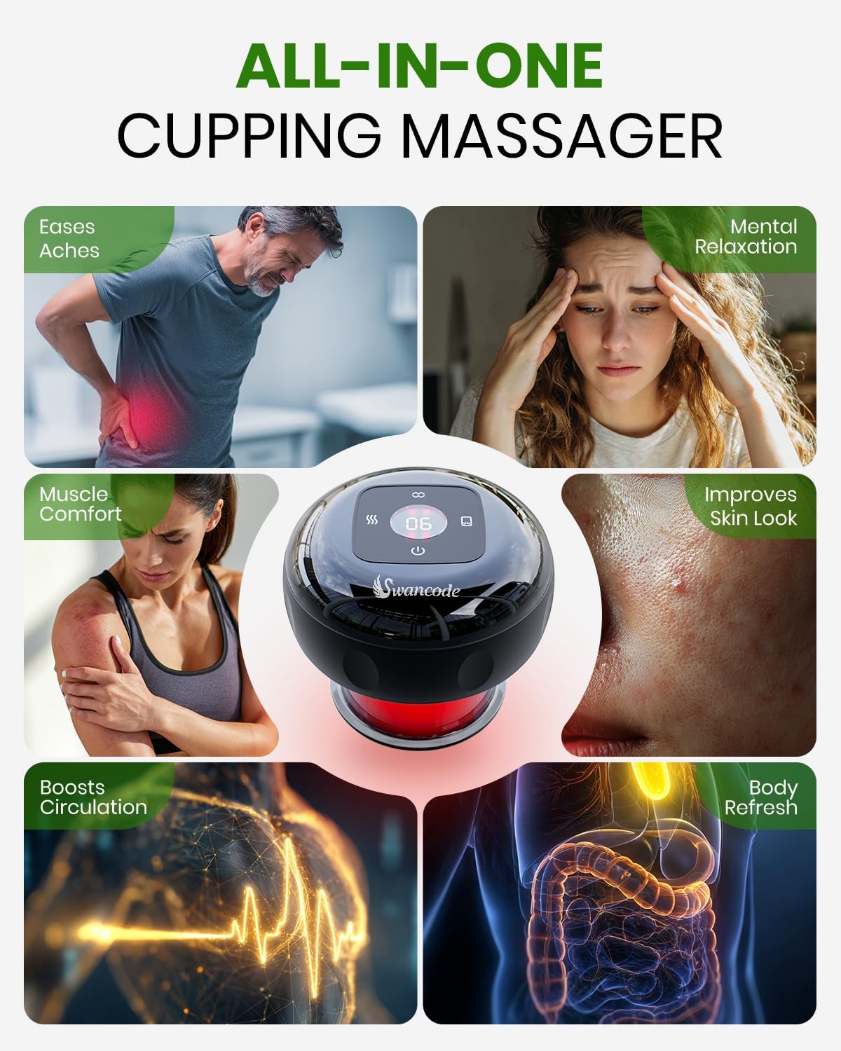 Ensemble de ventouses intelligentes, appareil de ventouses électrique doté de lumière rouge, masseur à ventouses chauffantes doté de 12 niveaux d'aspiration et de chaleur, machine à ventouses destiné à soulager la douleur (lot de 2)