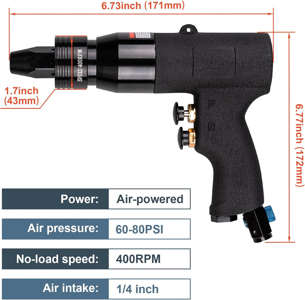 Pistolet à riveter pneumatique Clatoon doté de têtes autobloquantes 10-24, 1/4, 5/16 et 3/8, pistolet à riveter pneumatique à vitesse réglable, ensemble d'équipements destiné à rivets pneumatiques doté de changement rapide de 4 tailles, 6...