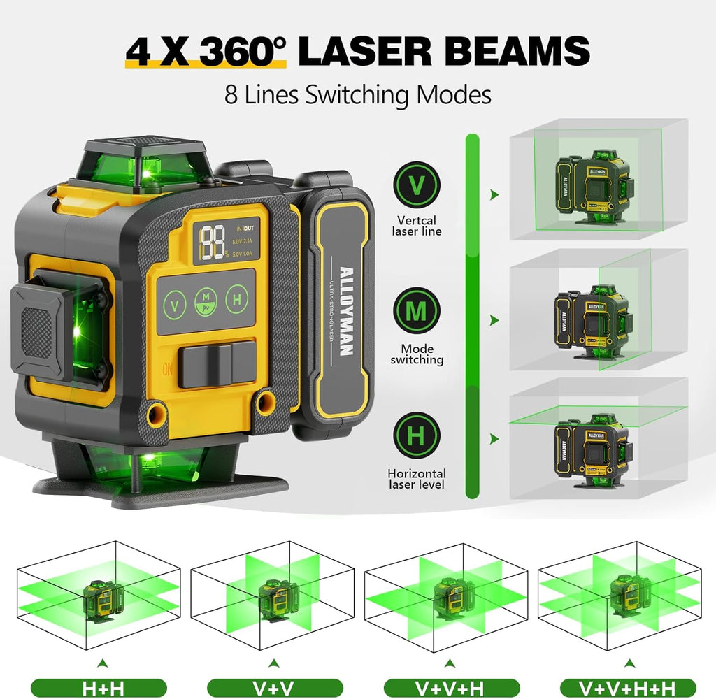 Niveau laser autonivelant Alloyman 4x360°, perche laser pour usage professionnel de 3,7 m (12 pi) doté de trépied, outil de niveau laser à ligne verte doté de 2 batteries Li-ion destiné à la pose de tableaux, de carrelage et la rénovation...