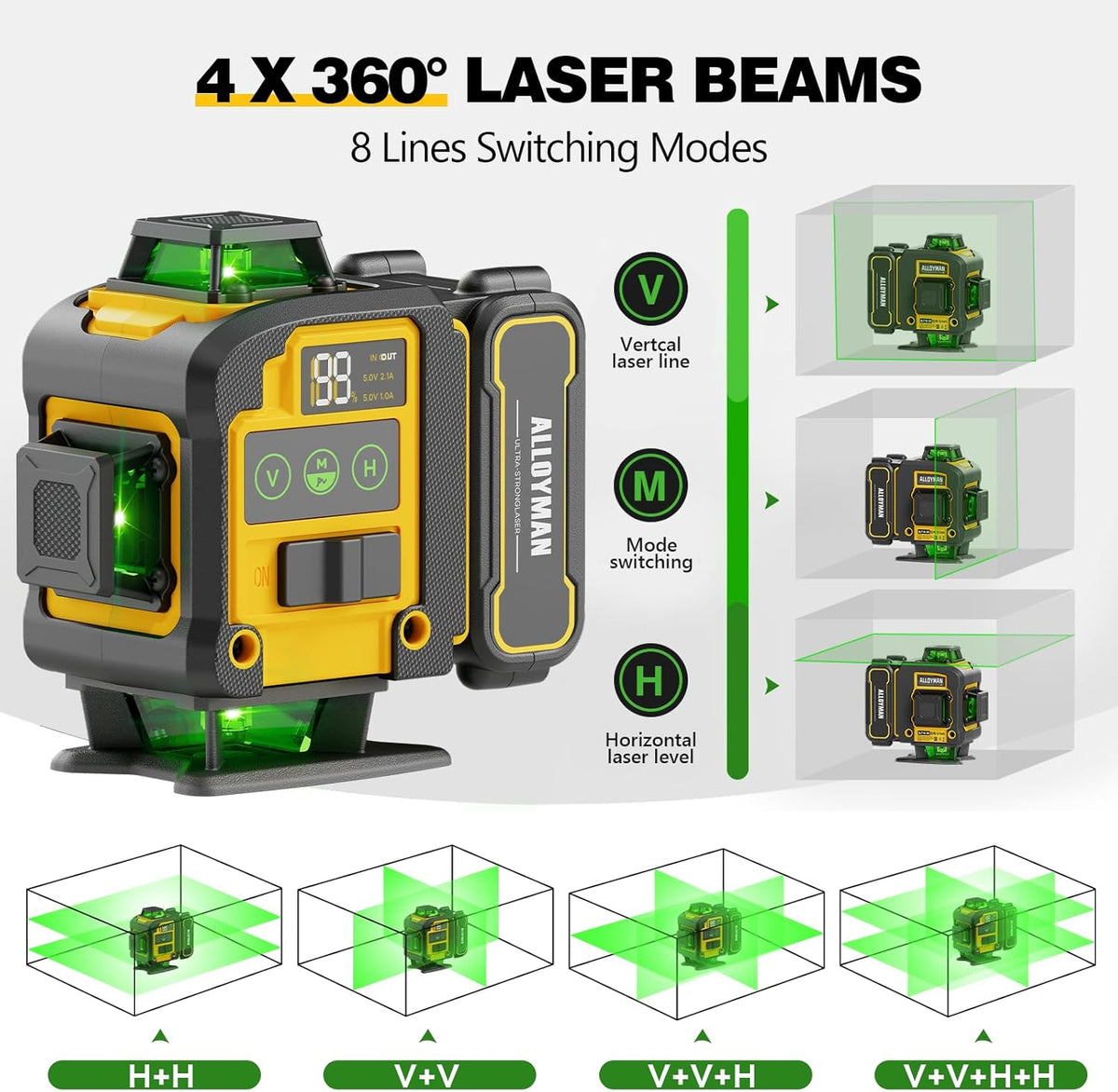 Niveau laser autonivelant Alloyman 4x360°, perche laser pour usage professionnel de 3,7 m (12 pi) doté de trépied, outil de niveau laser à ligne verte doté de 2 batteries Li-ion destiné à la pose de tableaux, de carrelage et la rénovation...