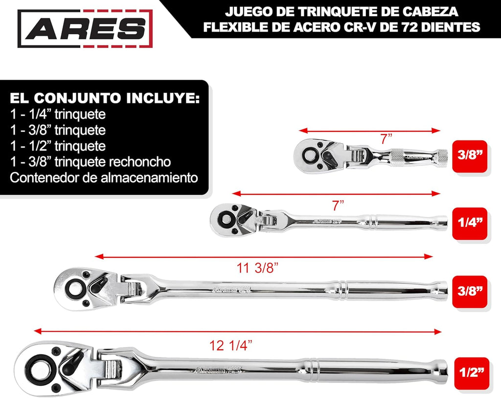 ARES 42040 - Jeu de cliquets à tête flexible - 4 cliquets 72 dents - Construction en acier au chrome-vanadium de qualité supérieure et finition chromée - Conception réversible à dégagement rapide doté de un angle de rotation de 5°