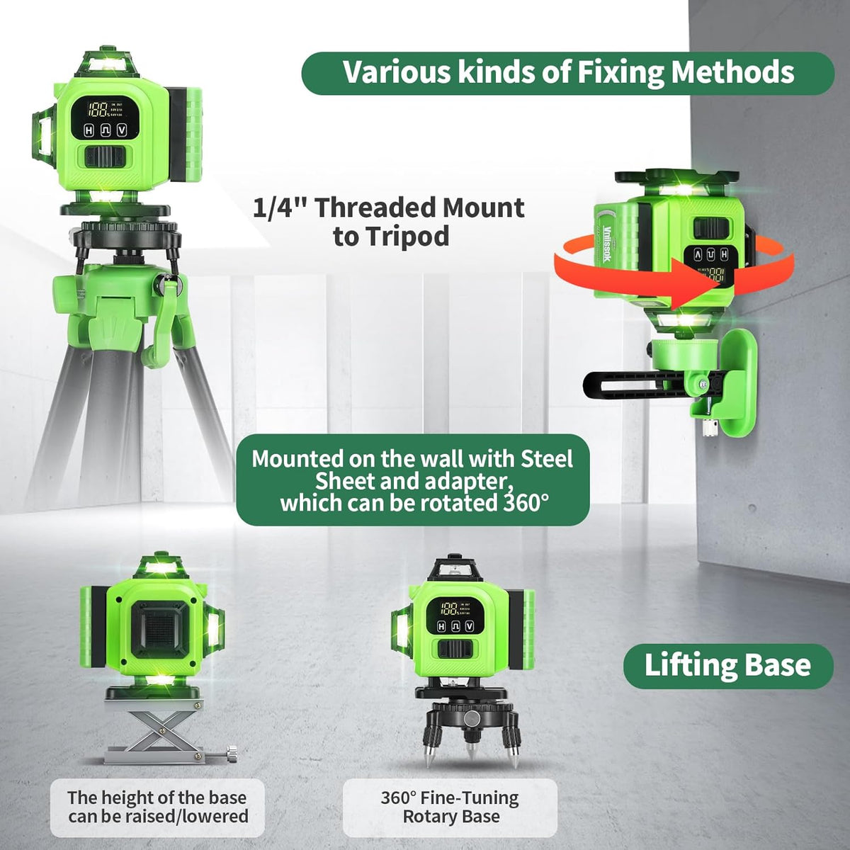 Niveau laser 16 lignes à nivellement automatique 360°, niveau laser pour usage professionnel 4D à lignes croisées vertes 4x360° doté de 2 piles, destiné à la construction et l'accrochage de tableaux, outil de nivellement horizontal (vert)