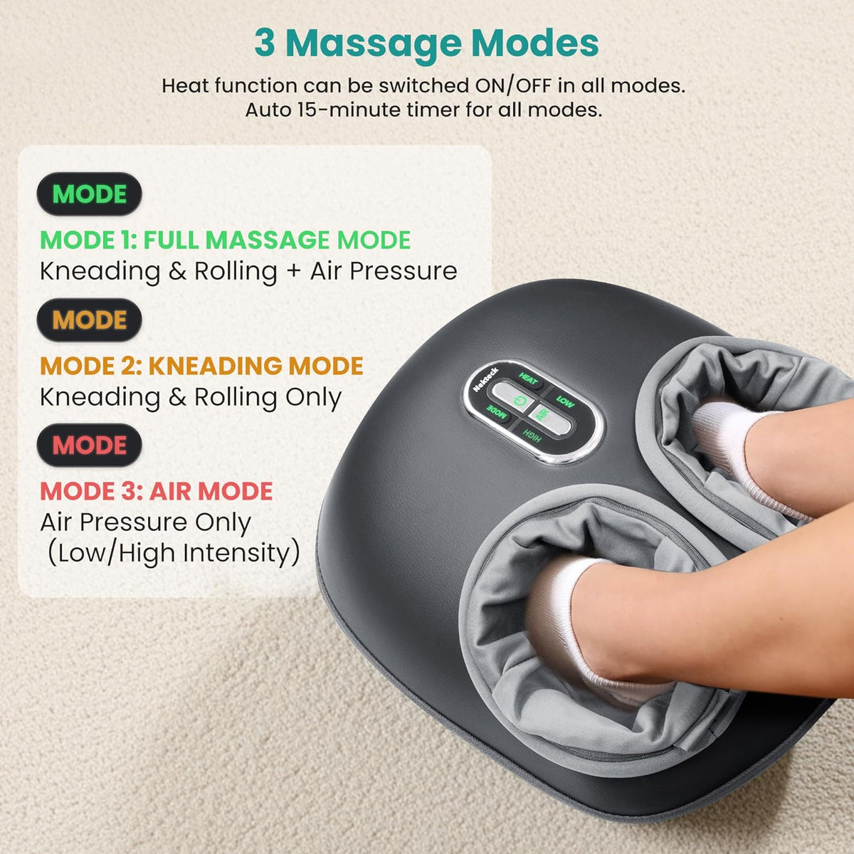 Appareil de massage des pieds Nekteck Shiatsu doté de fonction chauffante (version 2026 améliorée), 3 modes de massage par pétrissage profond et compression d'air, outil de massage destiné à soulager la fasciite plantaire, cadeau de relaxation...