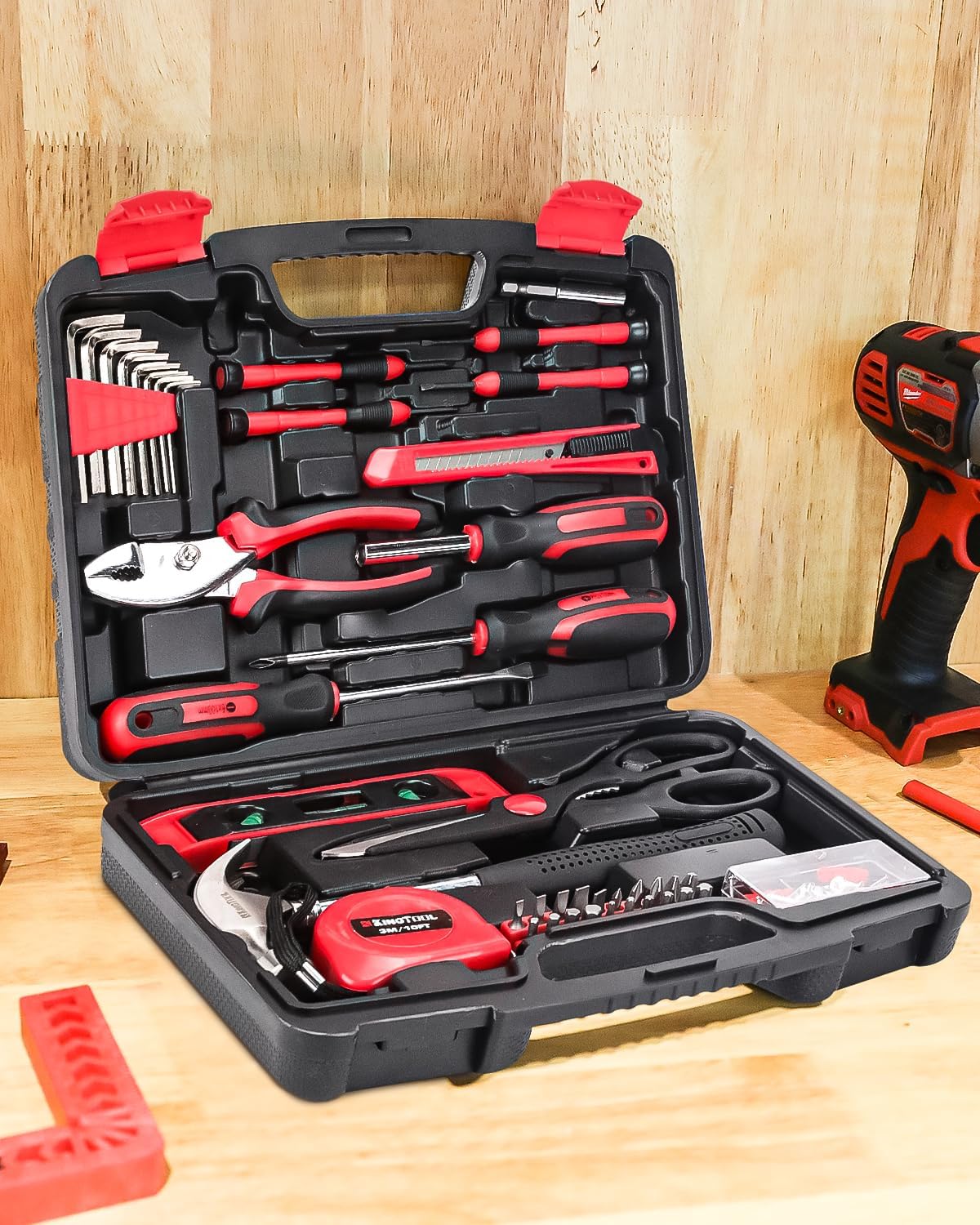 Coffret d'outils KINGTOOL pour la maison et l'automobile - 286 pièces, comprenant une coffret à outils à roulettes, une perceuse sans fil 21 V Max et une perceuse électrique. Idéal pour les bricoleurs et les propriétaires.
