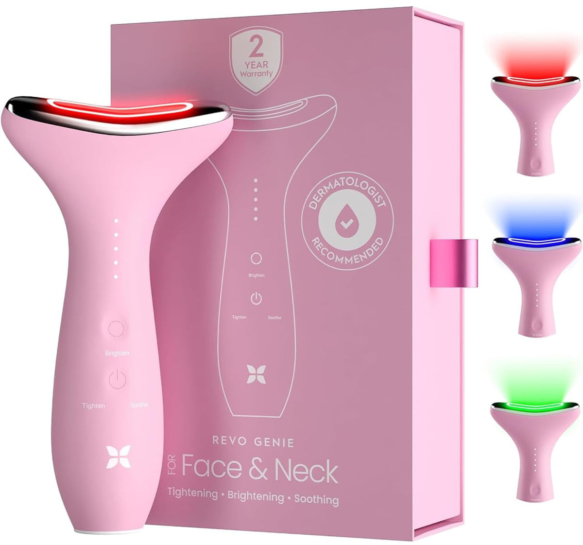Appareil de massage facial REVO Genie destiné à le visage et le cou, lifting du visage par LED doté de chaleur et vibration, drainage lymphatique, décongestionnant, luminothérapie rouge, bleue et verte destiné à raffermir la peau et favoriser...