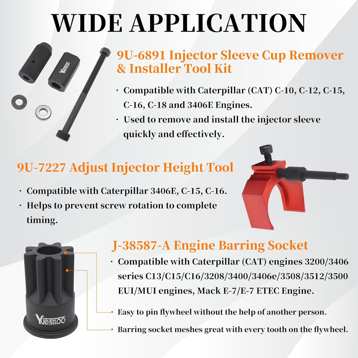Kit d'installation et de dépose de manchon d'injecteur 9U-6891 + Goupille de calage automatique J-42083 + Dispositif de réglage de la hauteur d'injecteur 9U-7227 + Douille de palier moteur J-38587-A compatible doté de les moteurs CAT Caterpillar...