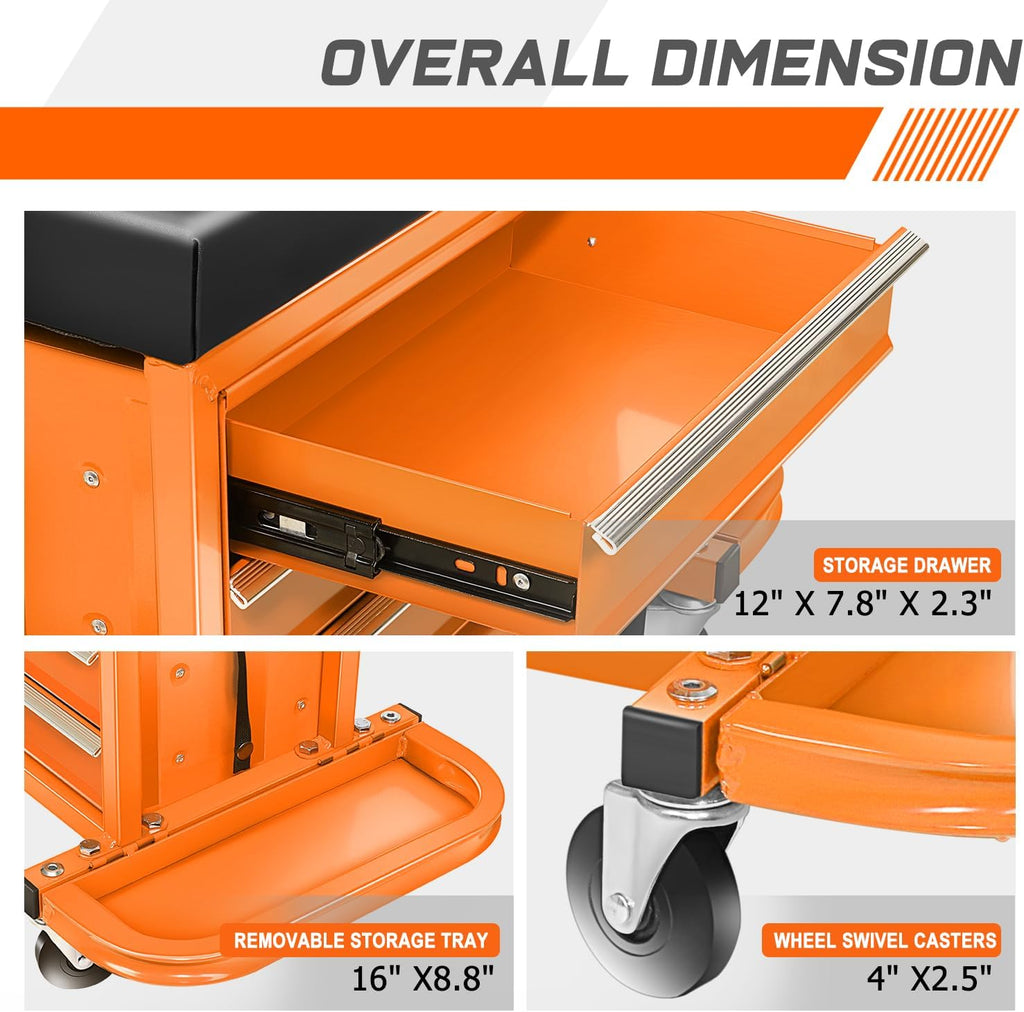 Coffre à outils à 3 tiroirs PM PERFORMOTOR avec siège de mécanicien roulant et plateaux à outils, capacité de charge maximale de 159 kg, orange, PM-TOL-RST1-OG – Pratique