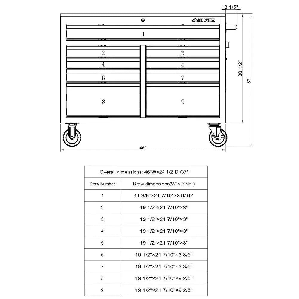 Établi mobile profond à 9 tiroirs, noir brillant, 46 po L x 24 po P – Pratique