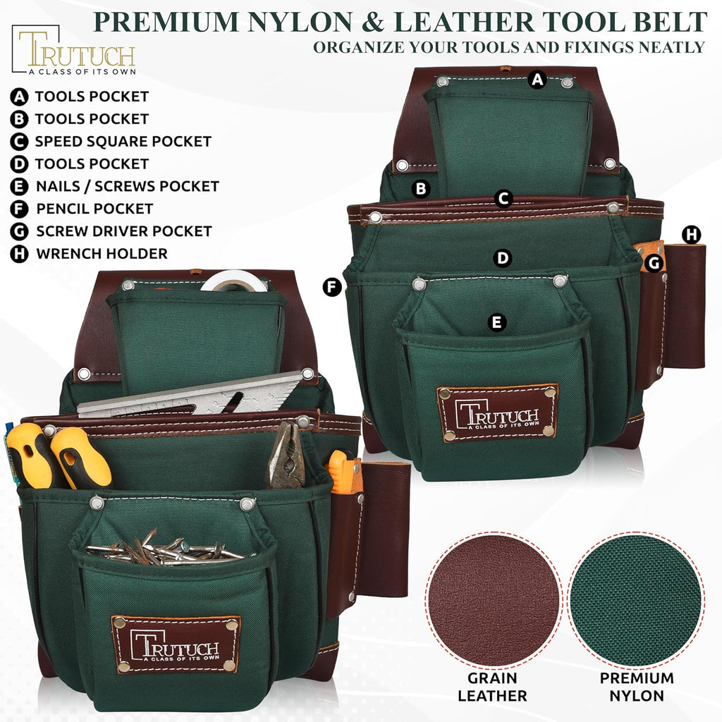 Ceinture porte-équipements en nylon et cuir | Sacoche/pochette destiné à équipements de charpenterie | destiné à charpentiers, ouvriers du bâtiment, charpentiers et électriciens (Vert)