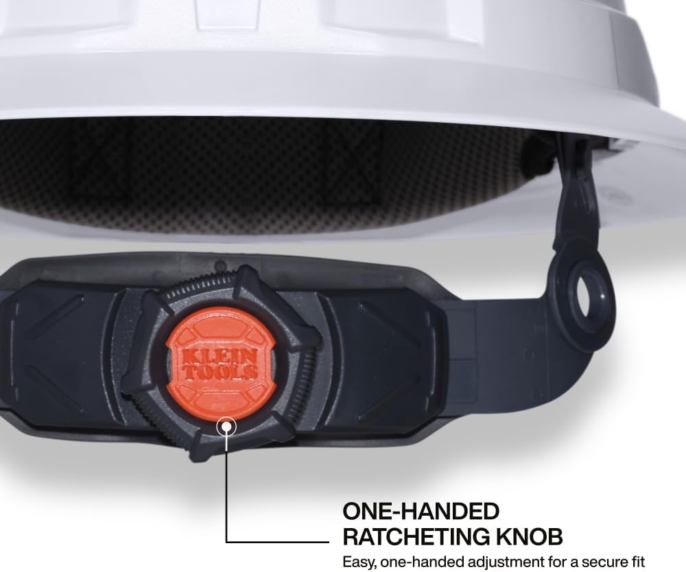 Casque de chantier Klein Tools 60407T2RL de type 2, à large bord ventilé, classe C, doté de jugulaire, suspension à 6 points doté de fixations destiné à accessoires, rembourrage lavable et lampe frontale rechargeable.