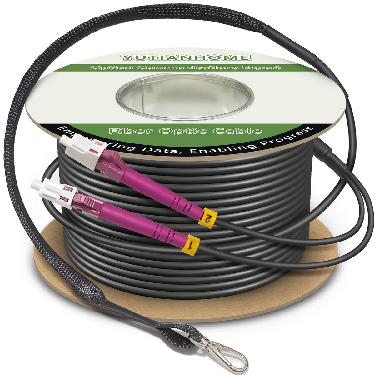 Câble de brassage fibre optique multimode duplex blindé OM4 LC-LC, 150 m (500 pi), diamètre extérieur 5 mm, en TPU industriel, 40G/100G 50/125 Gbit/s, doté de kit d'œillet de traction installé à une extrémité.