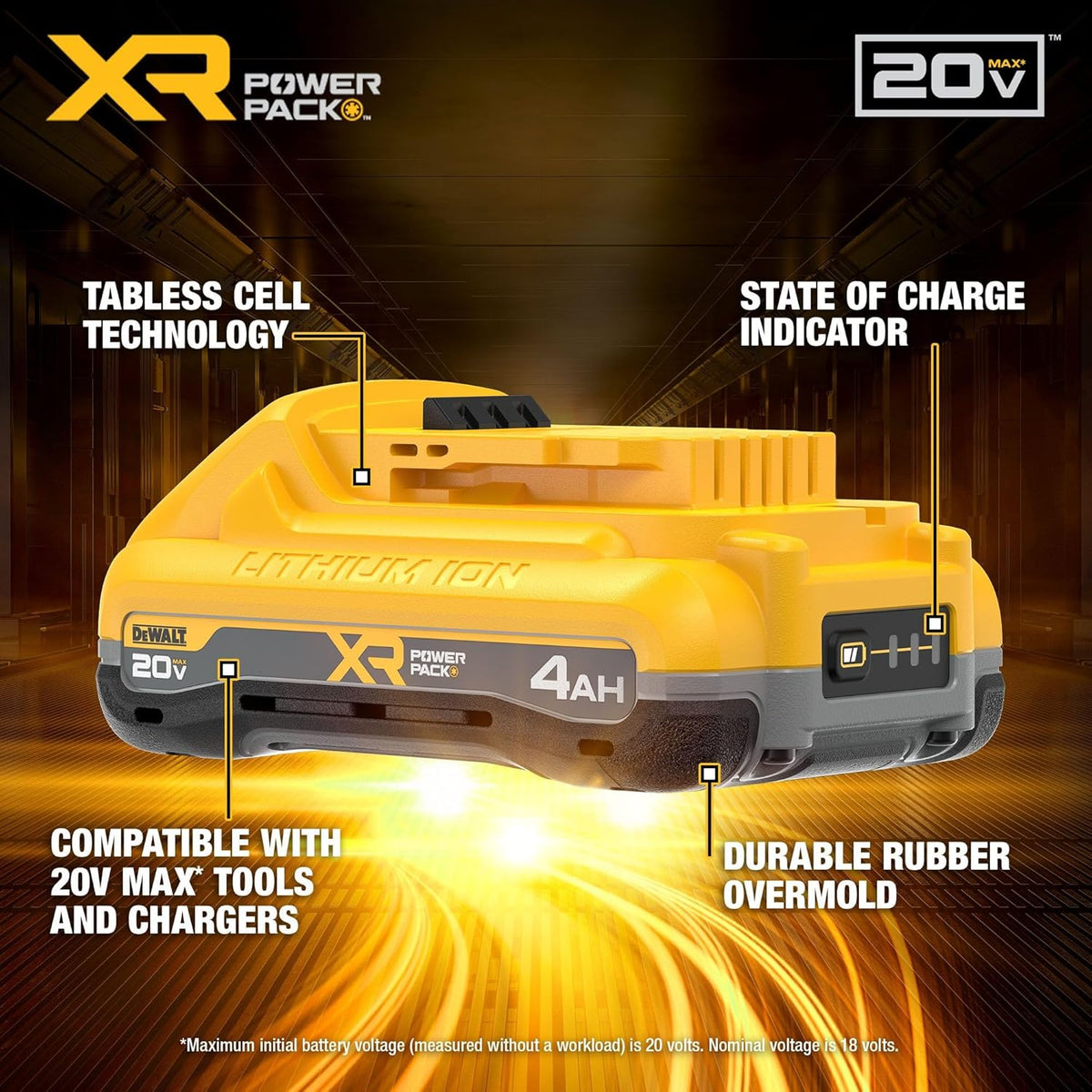 Batterie DEWALT 20V MAX XR POWERPACK™ 4 Ah Lithium-ion, 50 % de puissance en plus, batterie Dewalt compatible doté de les équipements 20V MAX (DCB2104)