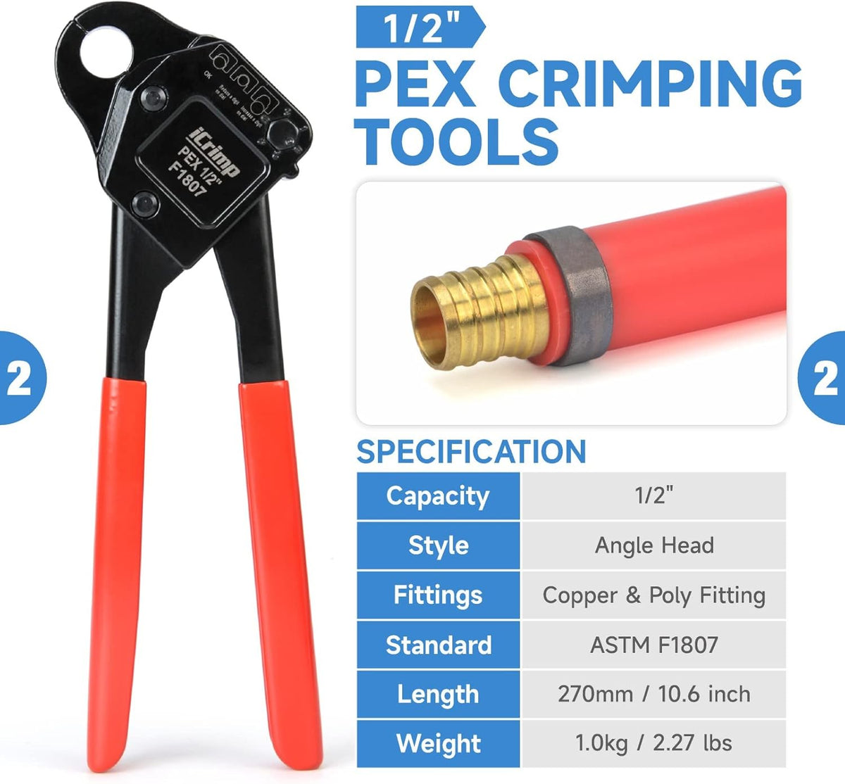 ensemble d'équipements de sertissage iCrimp IWS-1807CN destiné à tubes PEX, comprenant des pinces à sertir, un coupe-tubes et un outil d'extraction de bagues en cuivre destiné à bagues de sertissage de 1/2" et 3/4", conforme à la norme ASTM F1807.