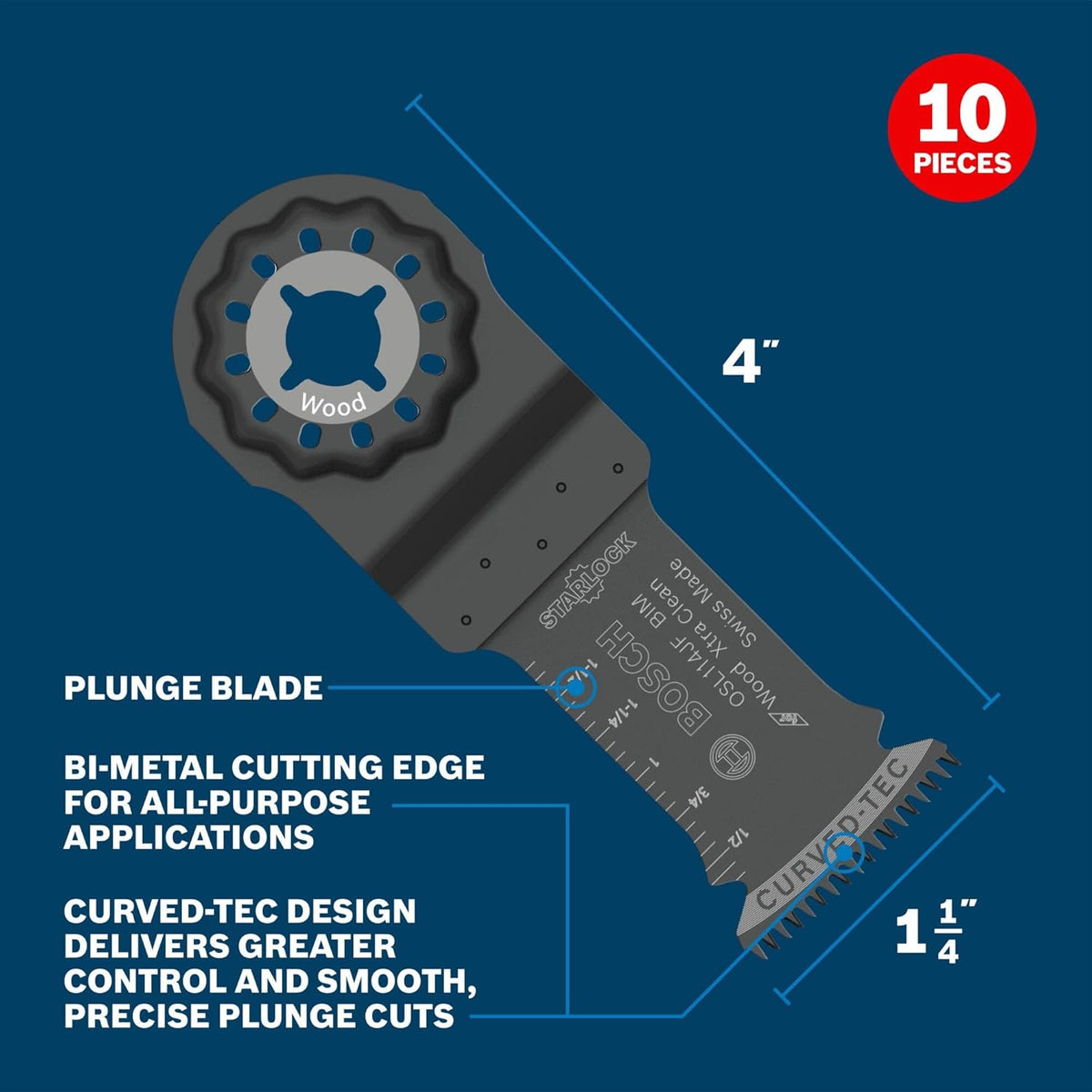 BOSCH OSL114JF-10 Dispositif multifonction oscillant Starlock 1-1/4 po, lame bimétallique, paquet de 10 - Précision pour usage professionnel suisse, conception d'interface 3D, compatibilité universelle destiné à des coupes nettes dans le bois dur