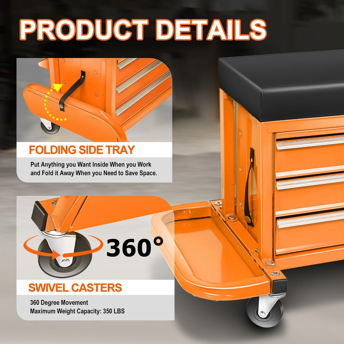 Coffre à outils à 3 tiroirs PM PERFORMOTOR avec siège de mécanicien roulant et plateaux à outils, capacité de charge maximale de 159 kg, orange, PM-TOL-RST1-OG – Pratique