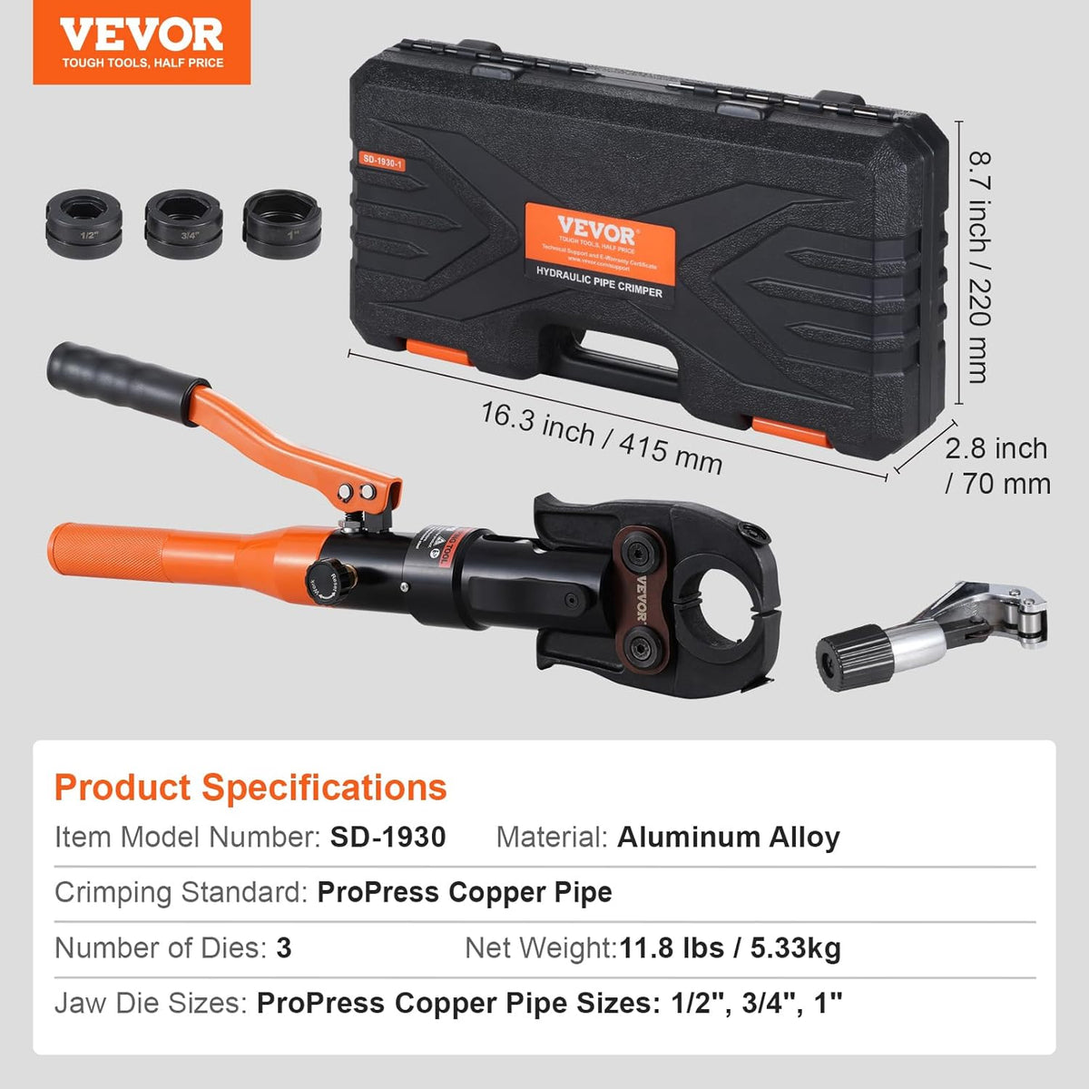 Dispositif de sertissage de tubes en cuivre VEVOR, presse hydraulique doté de mâchoires de 1/2, 3/4 et 1 pouce, sertisseur de tubes en cuivre destiné à espaces restreints et raccords en T
