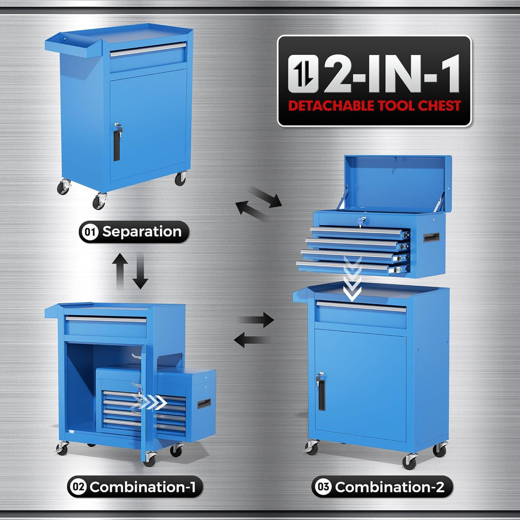 Coffre à outils bleu INTERGREAT, coffre à outils roulant à 5 tiroirs avec boîte à outils supérieure amovible, coffre à outils avec roues universelles verrouillables, servante à outils en métal pour garage, atelier, salon de coiffure
