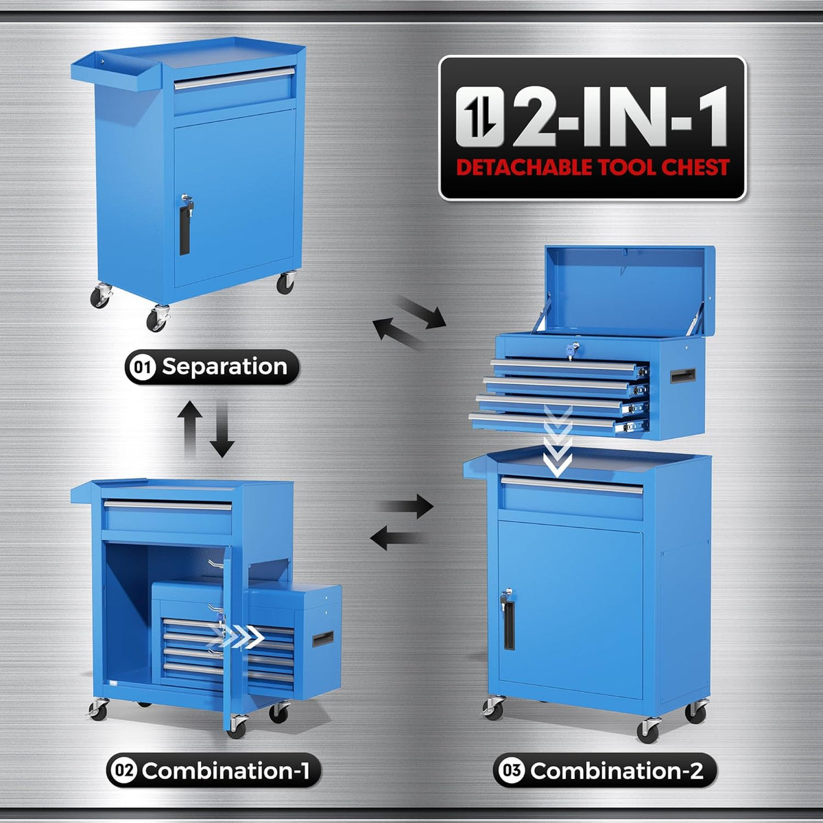 Coffre à outils bleu INTERGREAT, coffre à outils roulant à 5 tiroirs avec boîte à outils supérieure amovible, coffre à outils avec roues universelles verrouillables, servante à outils en métal pour garage, atelier, salon de coiffure