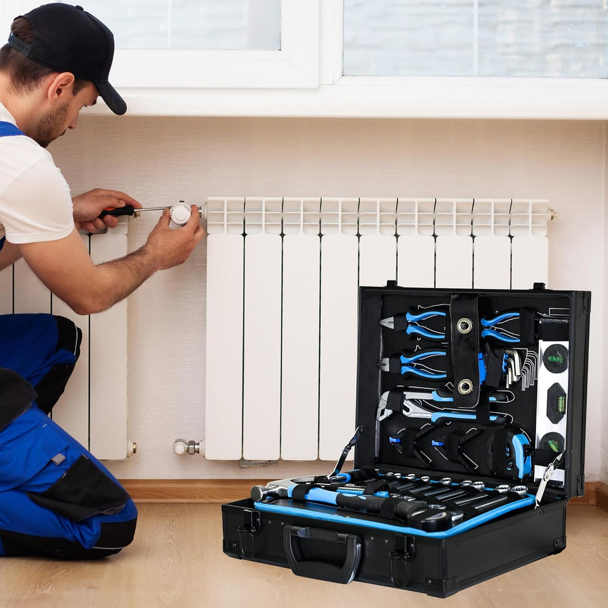 Coffret d'outils de mécanicien 247 pièces, coffret à outils en aluminium de qualité supérieure avec outils inclus, kit d'outils de réparation générale pour la maison, l'automobile et le bricolage, jeu de clés à douille 1/4 et 1/2, bleu
