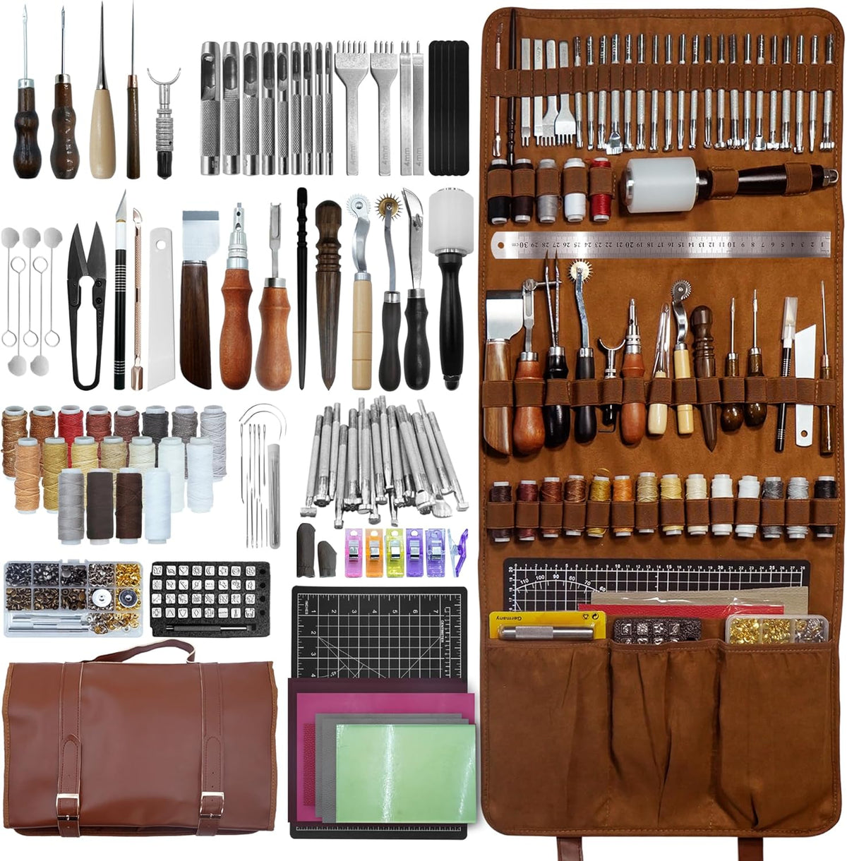ensemble d'équipements de travail du cuir Runfider 588 pièces, idéal destiné à les débutants. Comprend des équipements de sculpture, de découpe, de poinçonnage, de couture et d'estampage. Parfait destiné à le bricolage et les loisirs créatifs.