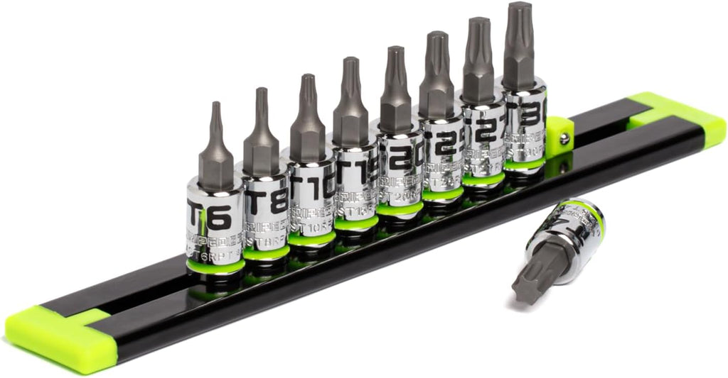 équipements GRIPEDGE | Ensemble de 9 tournevis Torx RPT | Tailles T6 à T40 | Entraînement 1/4" | Fabriqué en acier S2 | Comprend un rail de douilles en aluminium de qualité supérieure |