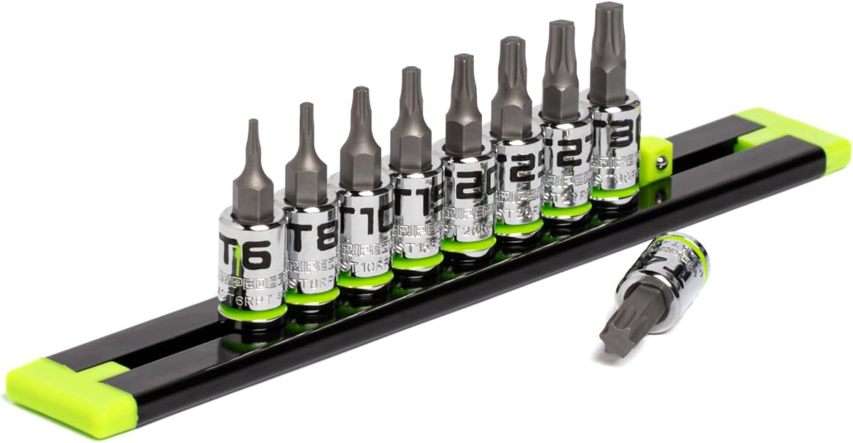équipements GRIPEDGE | Ensemble de 9 tournevis Torx RPT | Tailles T6 à T40 | Entraînement 1/4" | Fabriqué en acier S2 | Comprend un rail de douilles en aluminium de qualité supérieure |