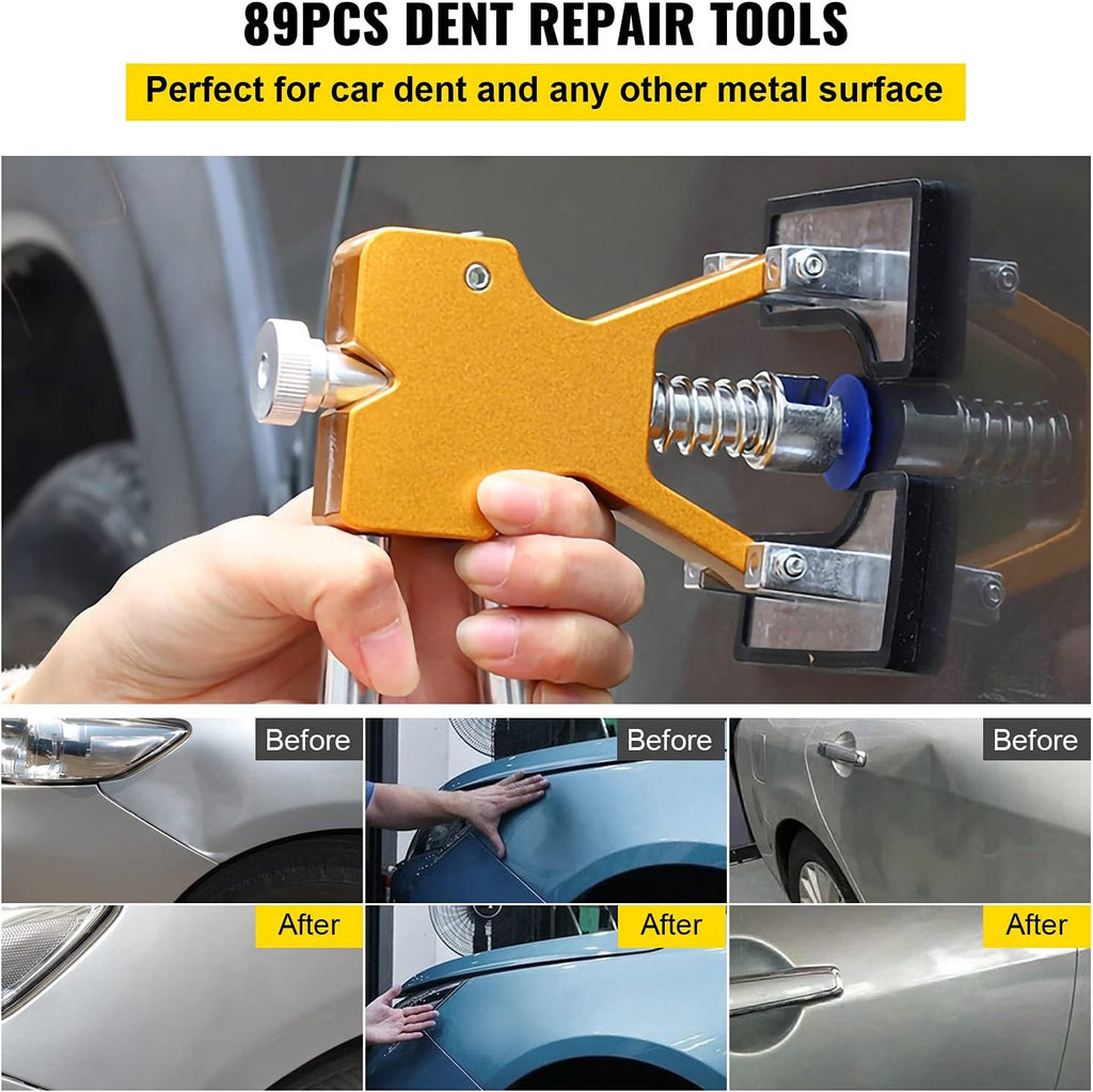 Ensemble de débosselage VEVOR, kit de réparation de bosses sans peinture de 89 pièces doté de équipements de démontage, lève-bosses doré et languettes adhésives destiné à la réparation des bosses et des petits impacts sur les portières de voiture.