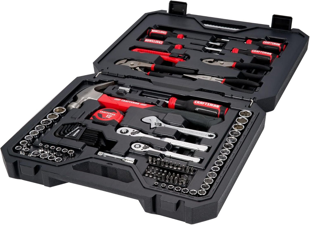 Ensemble d'équipements CRAFTSMAN 102 pièces destiné à la maison et la voiture, ensemble d'équipements à main durables doté de jeu de douilles SAE et métriques, tournevis, clé, marteau, pinces, couteau, clés hexagonales, embouts spéciaux, ruban à...