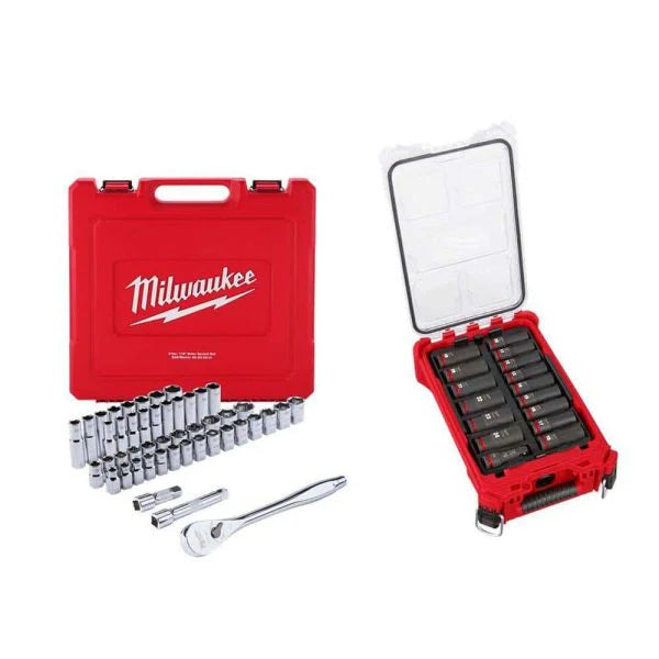 Jeu d'équipements à cliquet SAE/métrique 1/2 po, jeu de douilles à impact profondes PACKOUT 1/2 po (63 pièces)