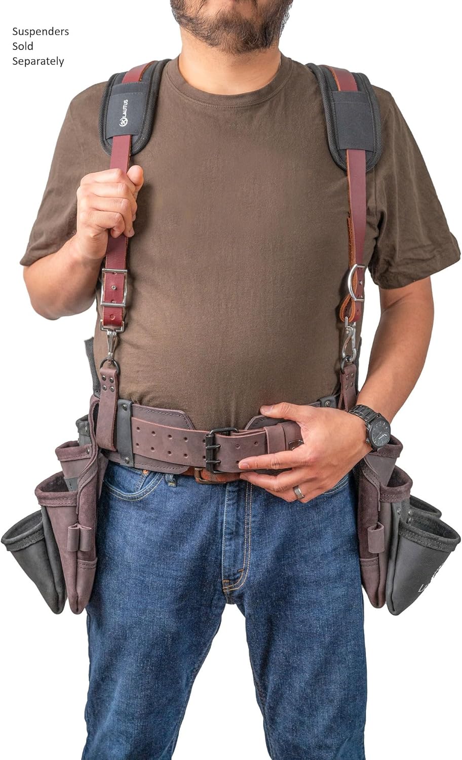 Ceinture porte-équipements LAUTUS en cuir pleine fleur robuste destiné à charpentiers, menuisiers et électriciens, 18 poches, porte-marteau, 2 anneaux en D, 2 passants, clip destiné à mètre ruban, ceinture épaisse