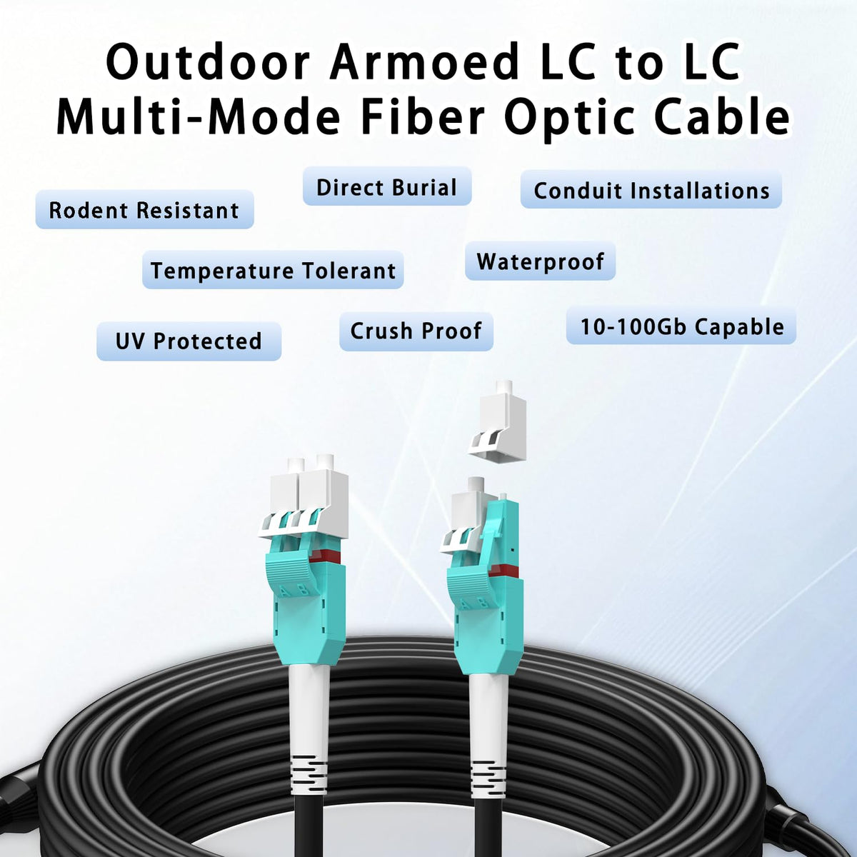 Câble pour brassage fibre optique blindé extérieur 100 m / 328 pi OM3/OM4 LC à LC, multimode duplex 50/125 µm, 10 Gb/40 Gb/100 Gb, gaine TPU industrielle, enfouissement direct, Uniboot, diamètre extérieur MMF 5 mm, kit d'œillet de traction installé